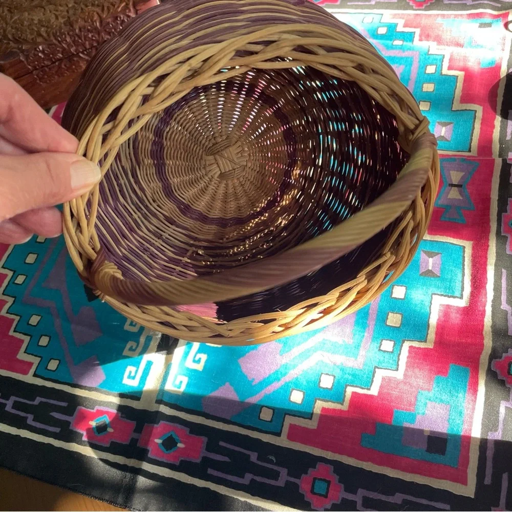 Vintage Hand Woven Round Reed Basket. Purple and Natural Color Striped. 9